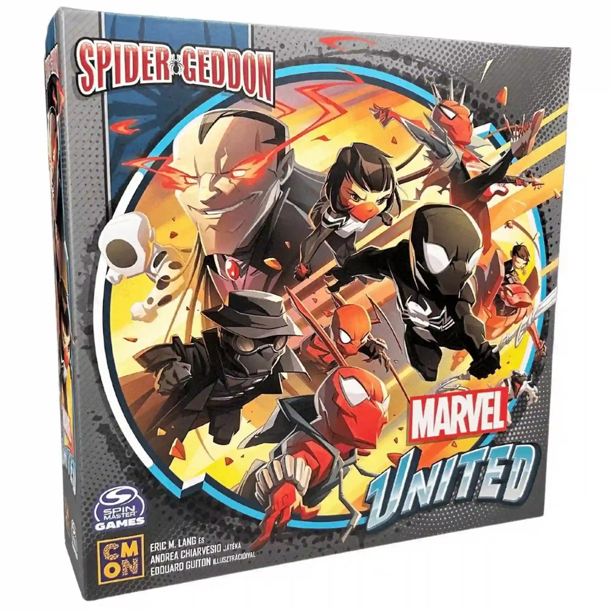 Marvel United: Spider-Geddon magyar nyelvű társasjáték doboza, amelyen a Pókverzum hősei és ellenfelei láthatók látványos képregényes grafikával.