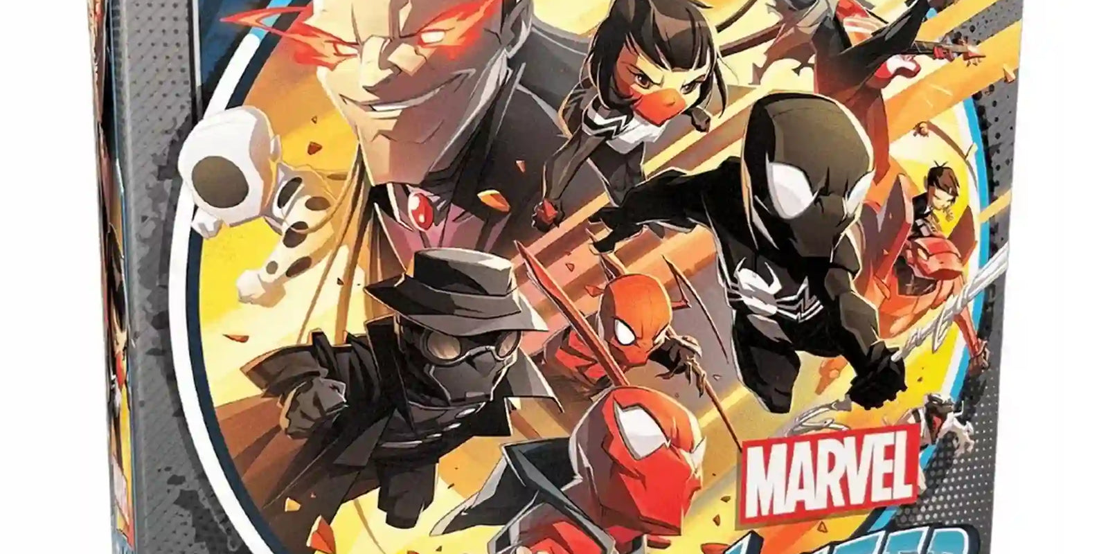 Marvel United: Spider-Geddon magyar nyelvű társasjáték doboza, amelyen a Pókverzum hősei és ellenfelei láthatók látványos képregényes grafikával.