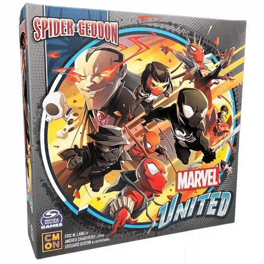 Marvel United: Spider-Geddon magyar nyelvű társasjáték doboza, amelyen a Pókverzum hősei és ellenfelei láthatók látványos képregényes grafikával.