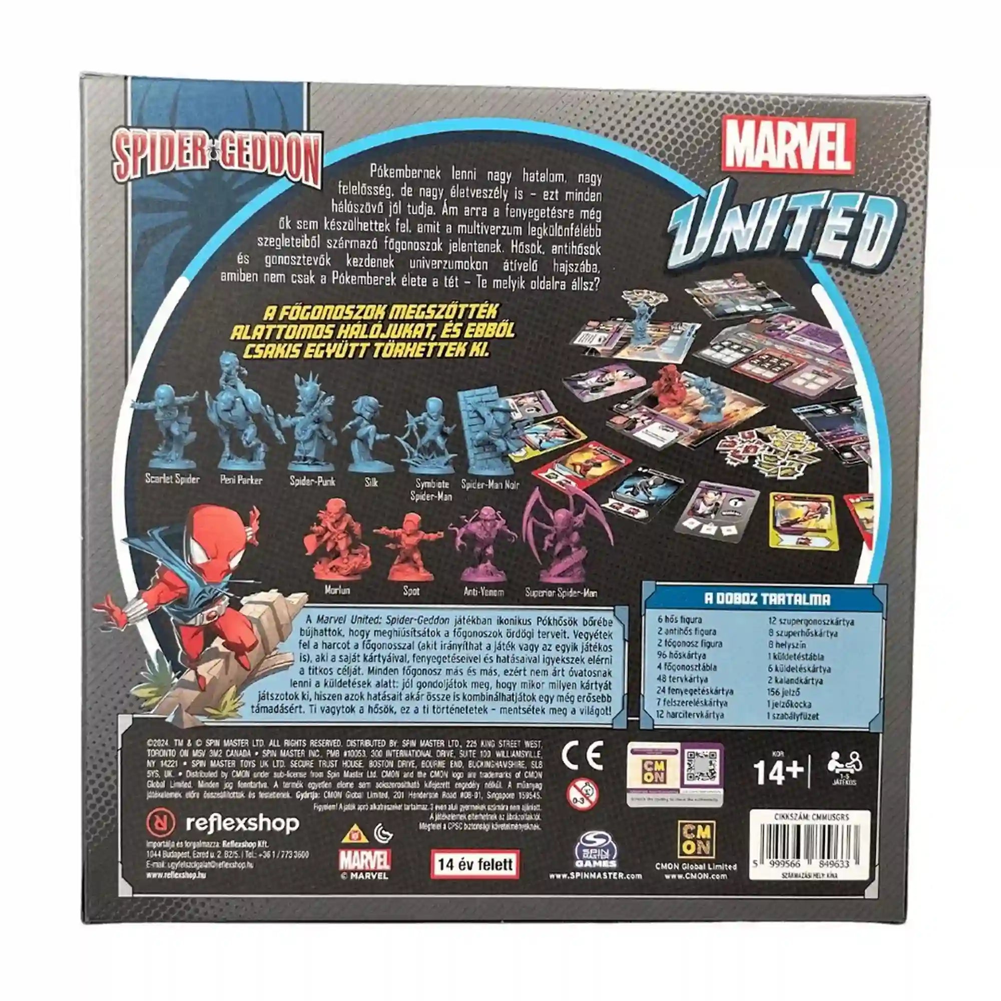 A Marvel United: Spider-Geddon dobozának hátoldala, amely bemutatja a figurákat, kártyákat, játékelemeket és a doboz tartalmát.