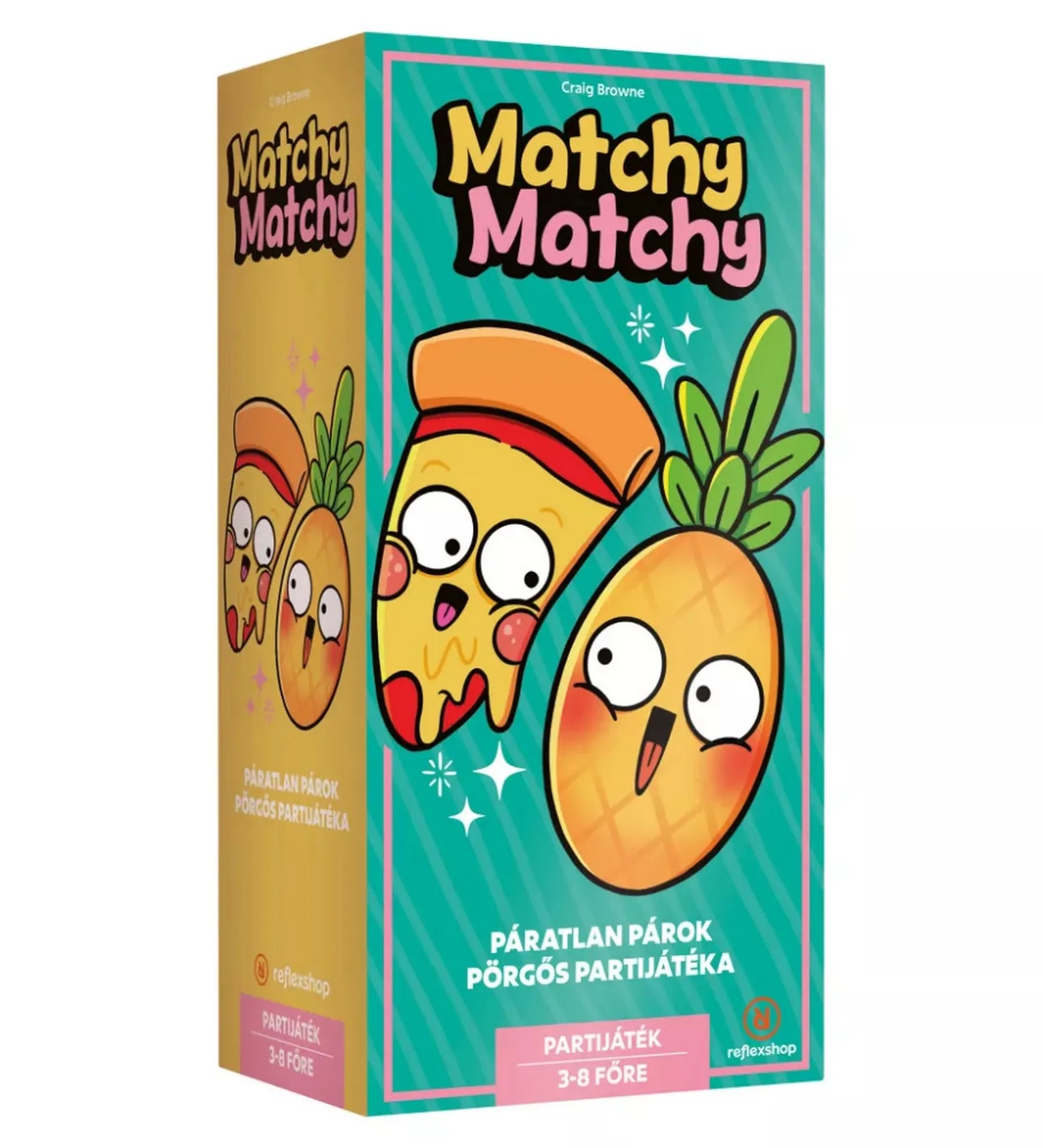 Matchy Matchy magyar nyelvű társasjáték színes doboza pizzás és ananászos illusztrációval.