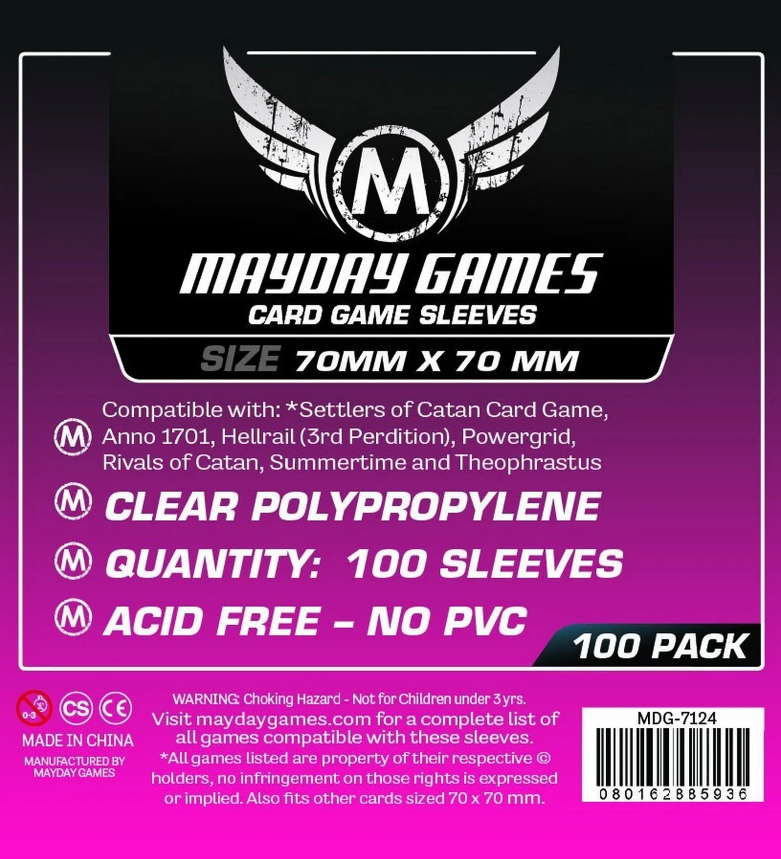 Mayday Games – 70×70 mm kártyavédő fólia csomag előlapja, 100 darab átlátszó, savmentes, PVC-mentes tok, Catan és más társasjátékokhoz kompatibilis.