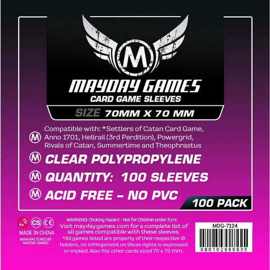 Mayday Games – 70×70 mm kártyavédő fólia csomag előlapja, 100 darab átlátszó, savmentes, PVC-mentes tok, Catan és más társasjátékokhoz kompatibilis.