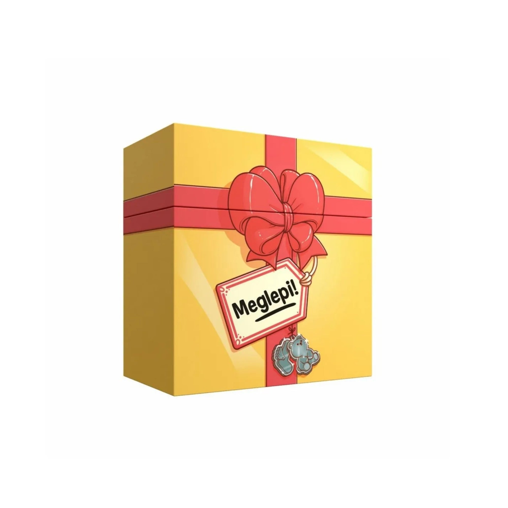 A Meglepi! társasjáték sárga, piros masnival díszített doboza, rajta a „Meglepi!” felirat és két medvés dísz.