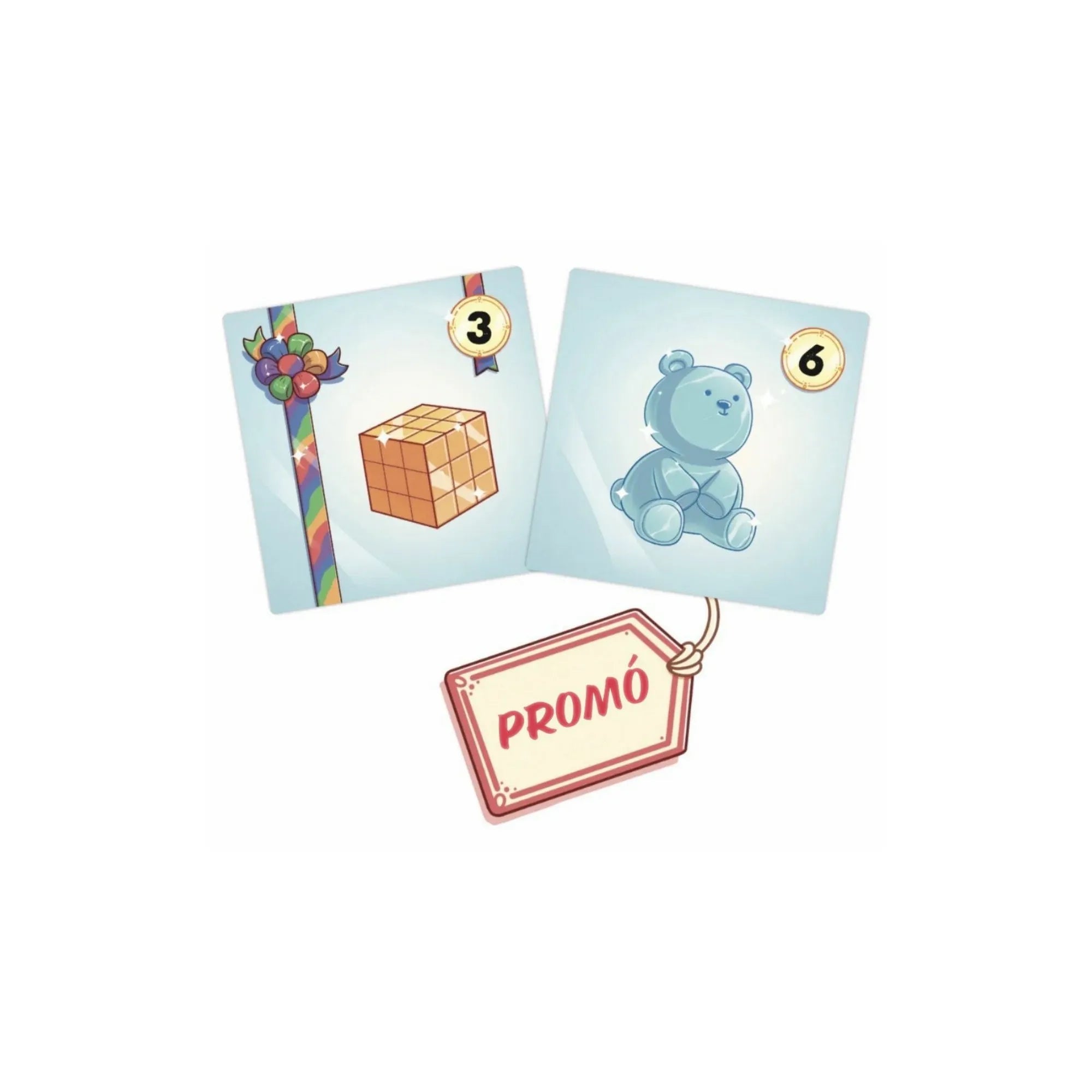 A Meglepi! társasjáték promóciós kártyái: egy Rubik-kockát és egy kék macit ábrázoló lap, „Promó” felirattal.