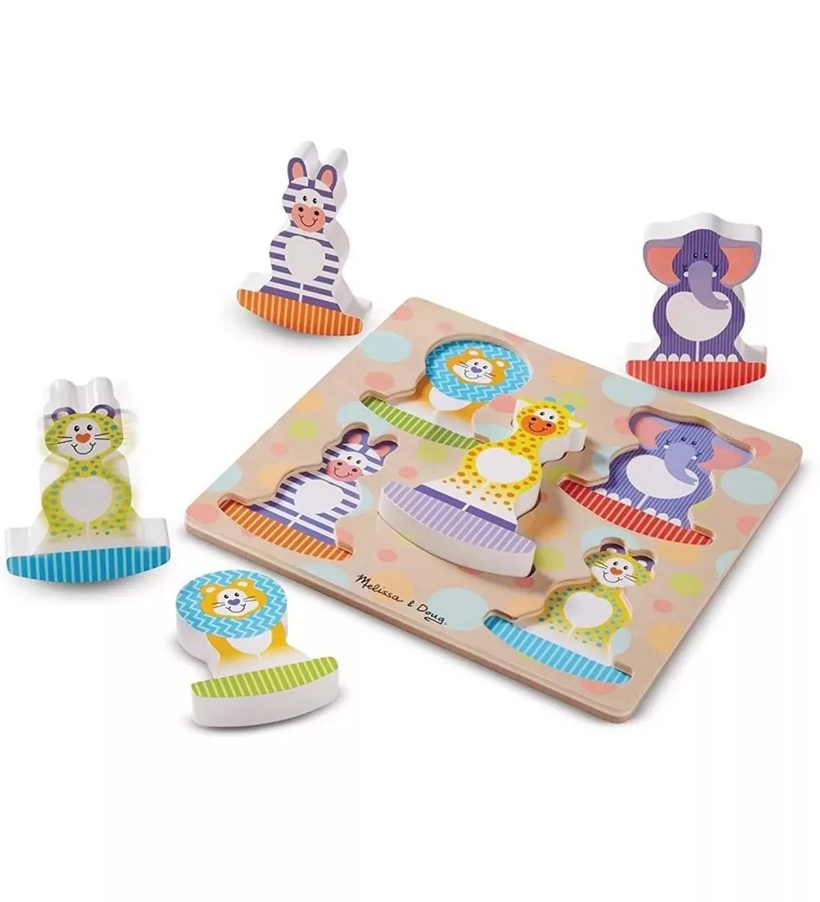 Melissa & Doug safari fa puzzle darabjai: zsiráf, elefánt, zebra, oroszlán és tigris színes kivitelben.