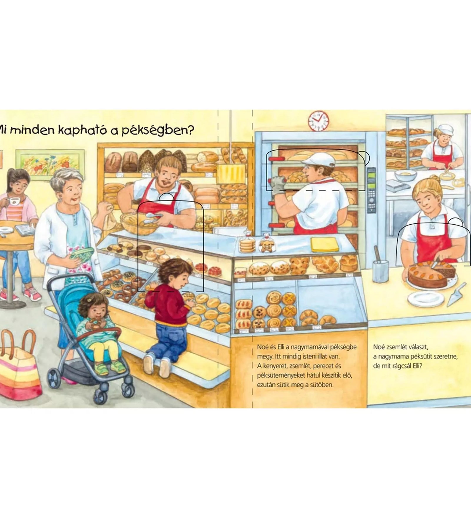 A Menjünk vásárolni! Mit? Miért? Hogyan? Mini könyv egyik oldala, ahol a gyerekek a pékségben található finomságokat kereshetik és fedezhetik fel.