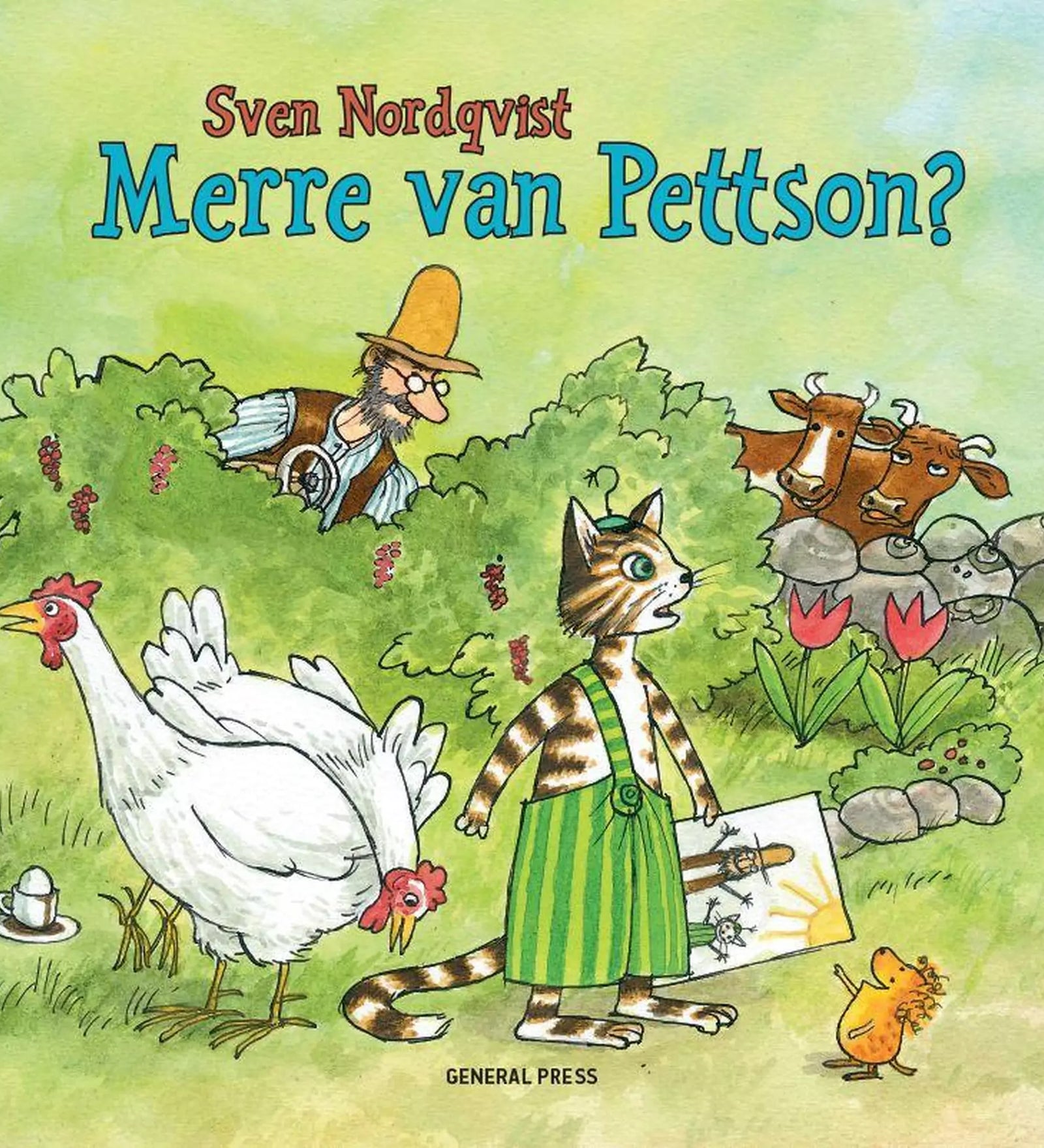 A „Merre van Pettson?” című könyv borítója, középen Findusz, a cirmos macska zöld csíkos nadrágban, aki aggódva néz körül. A háttérben Pettson leselkedik a bokorból, körülötte tyúkok, két kíváncsi tehén, virágok, és egy kisegér tart egy rajzot.