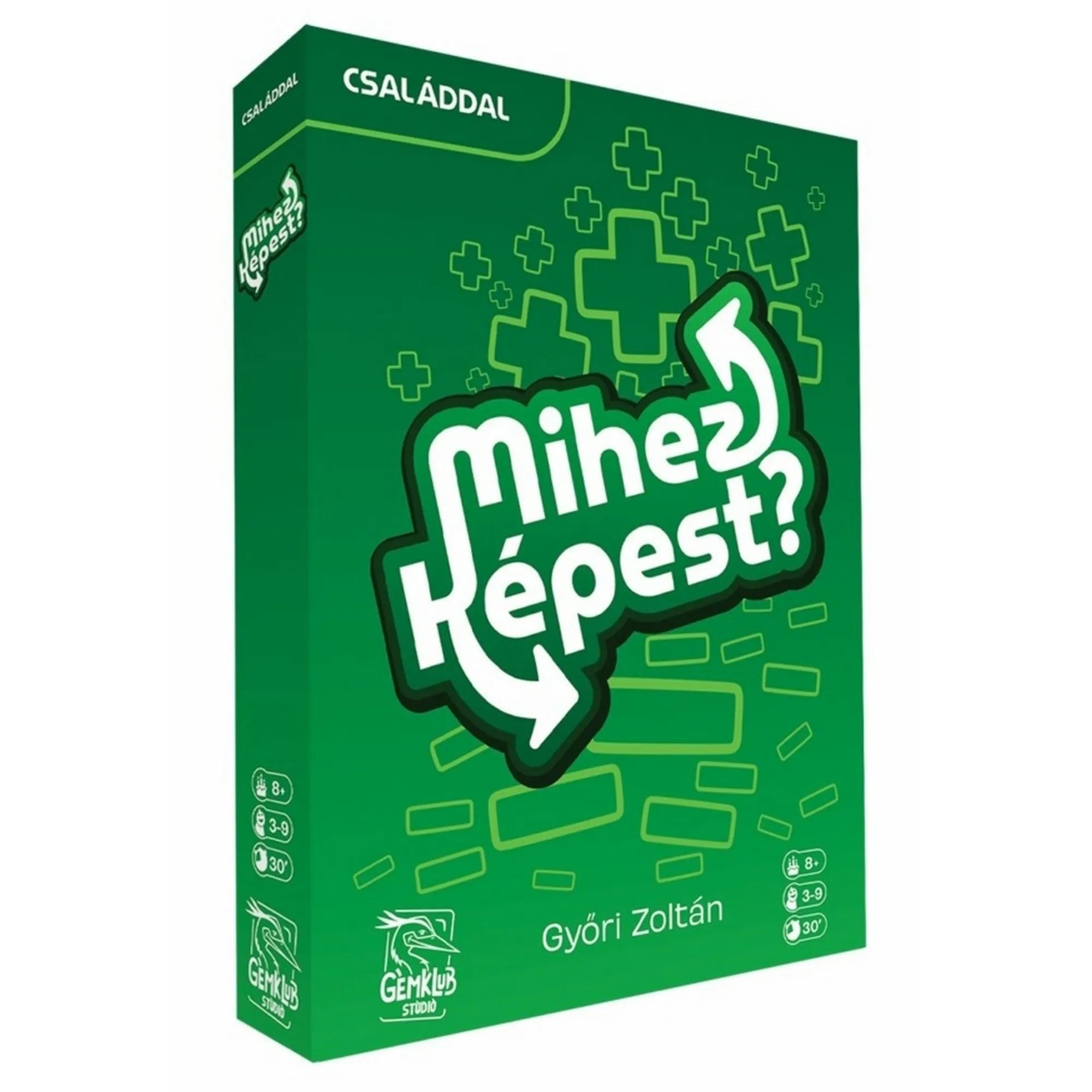 Mihez képest? – Családdal magyar nyelvű társasjáték zöld doboza, fehér logóval, pluszjelekkel és Gémklub Studio emblémával.