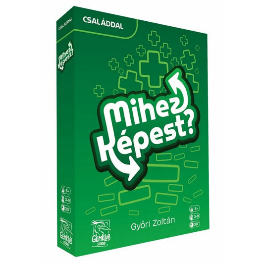 Mihez képest? – Családdal magyar nyelvű társasjáték zöld doboza, fehér logóval, pluszjelekkel és Gémklub Studio emblémával.