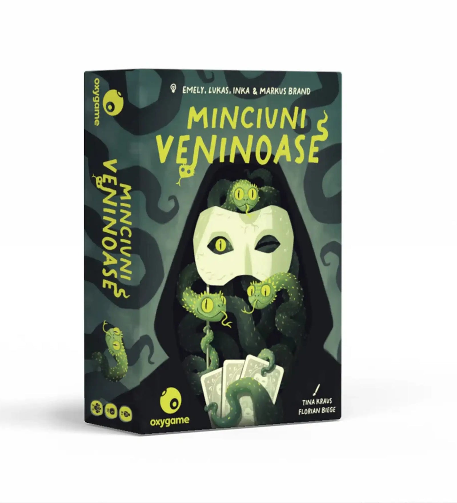 Minciuni veninoase társasjáték doboz eleje, titokzatos maszk és kígyók illusztrációval, Oxygame party játék