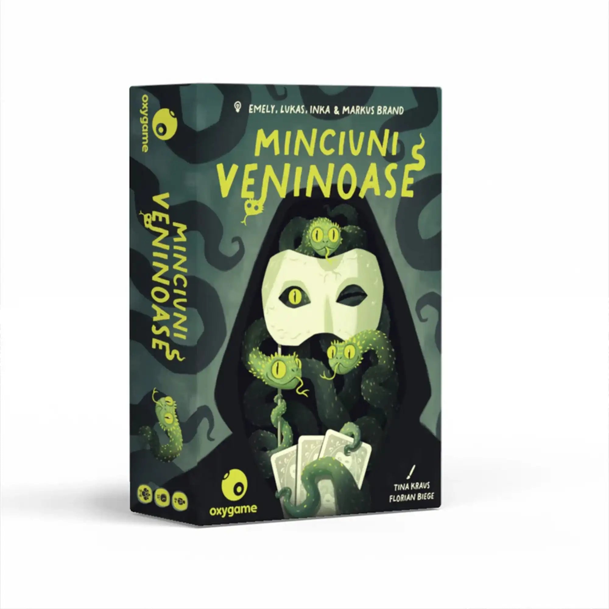 Minciuni veninoase társasjáték doboz eleje, titokzatos maszk és kígyók illusztrációval, Oxygame party játék
