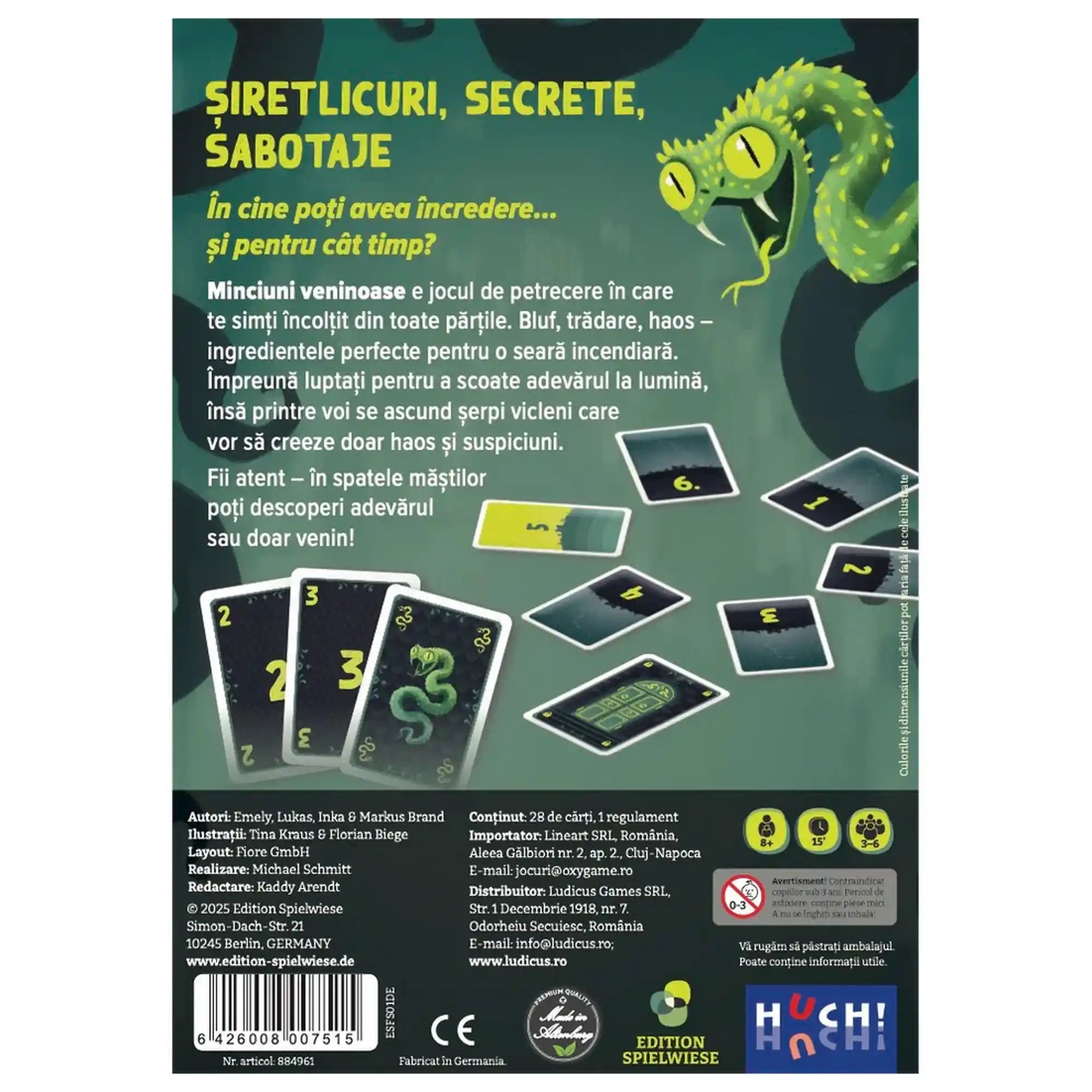 Minciuni veninoase társasjáték hátoldala, zöld kígyós grafika, játékleírás és kártyák megjelenítése, bluff és szerepjáték mechanikával