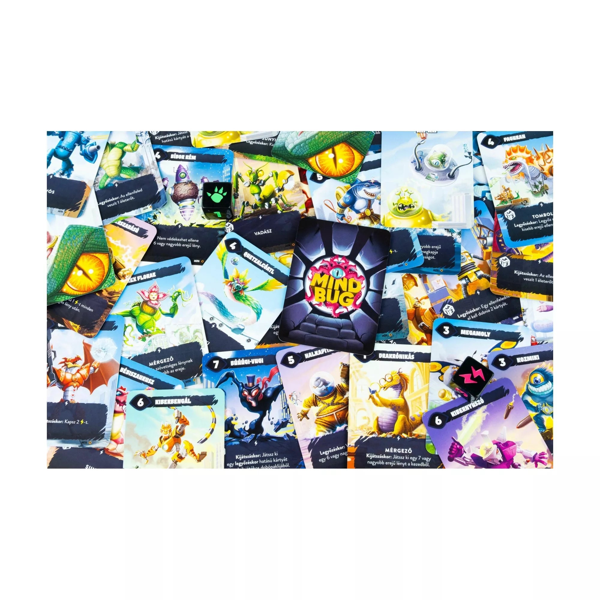 Mindbug x Tokió Királya erőkártyák sorban elrendezve, különböző képességekkel, színes illusztrációkkal és energiaértékekkel