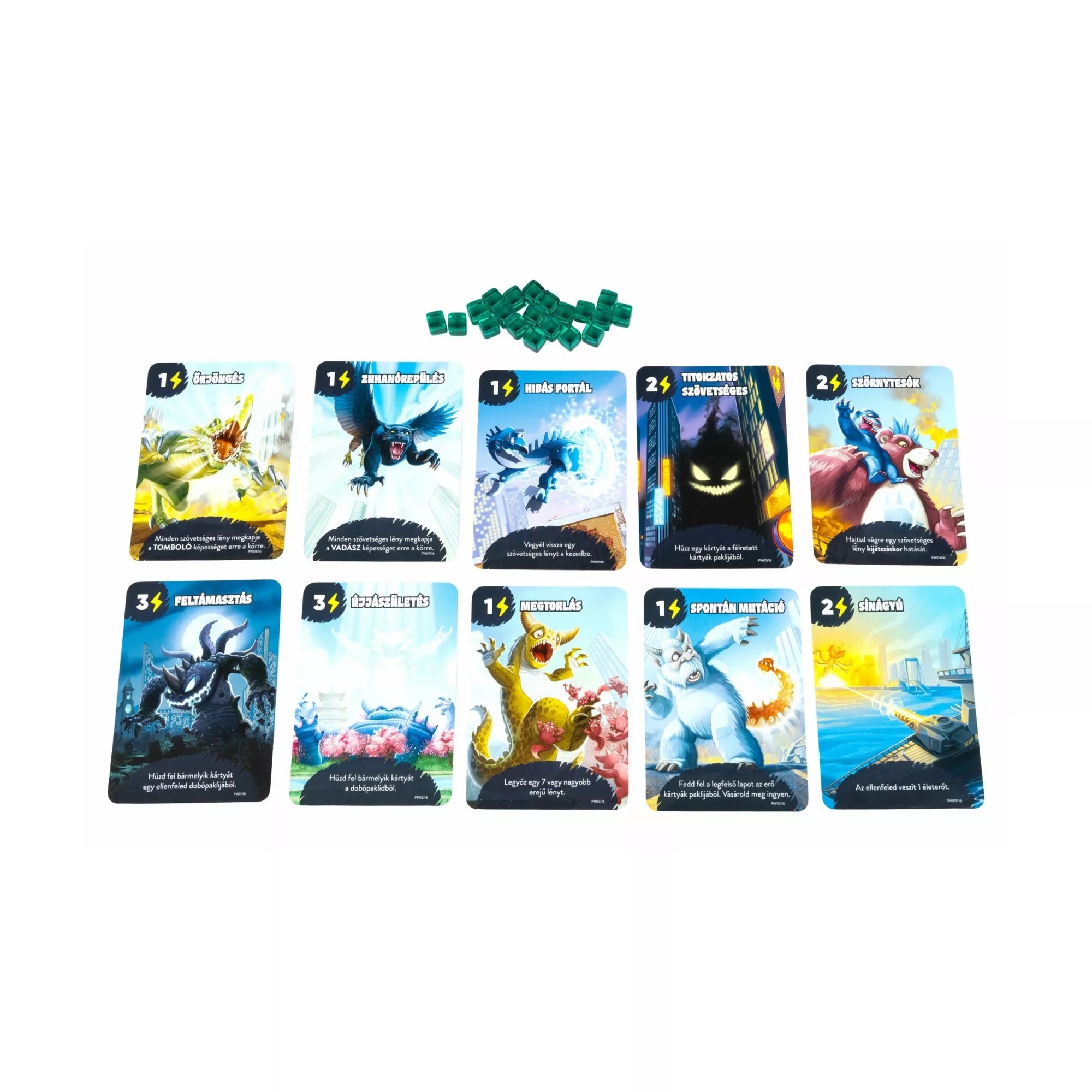 Mindbug x Tokió Királya társasjáték kártyái és jelölői keverve, Mindbug hátlapú paklival, kaidzsú lényekkel és dobókockákkal egy dinamikus kompozícióban.