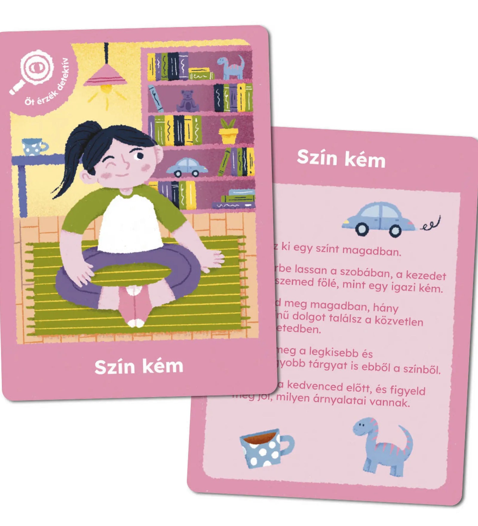Mindfulness játékkártyák gyerekeknek magyar nyelvű társasjáték „Szín kém” feladatkártyája, amely játékos megfigyelési gyakorlaton keresztül segíti a figyelem és az érzékszervi tudatosság fejlesztését.