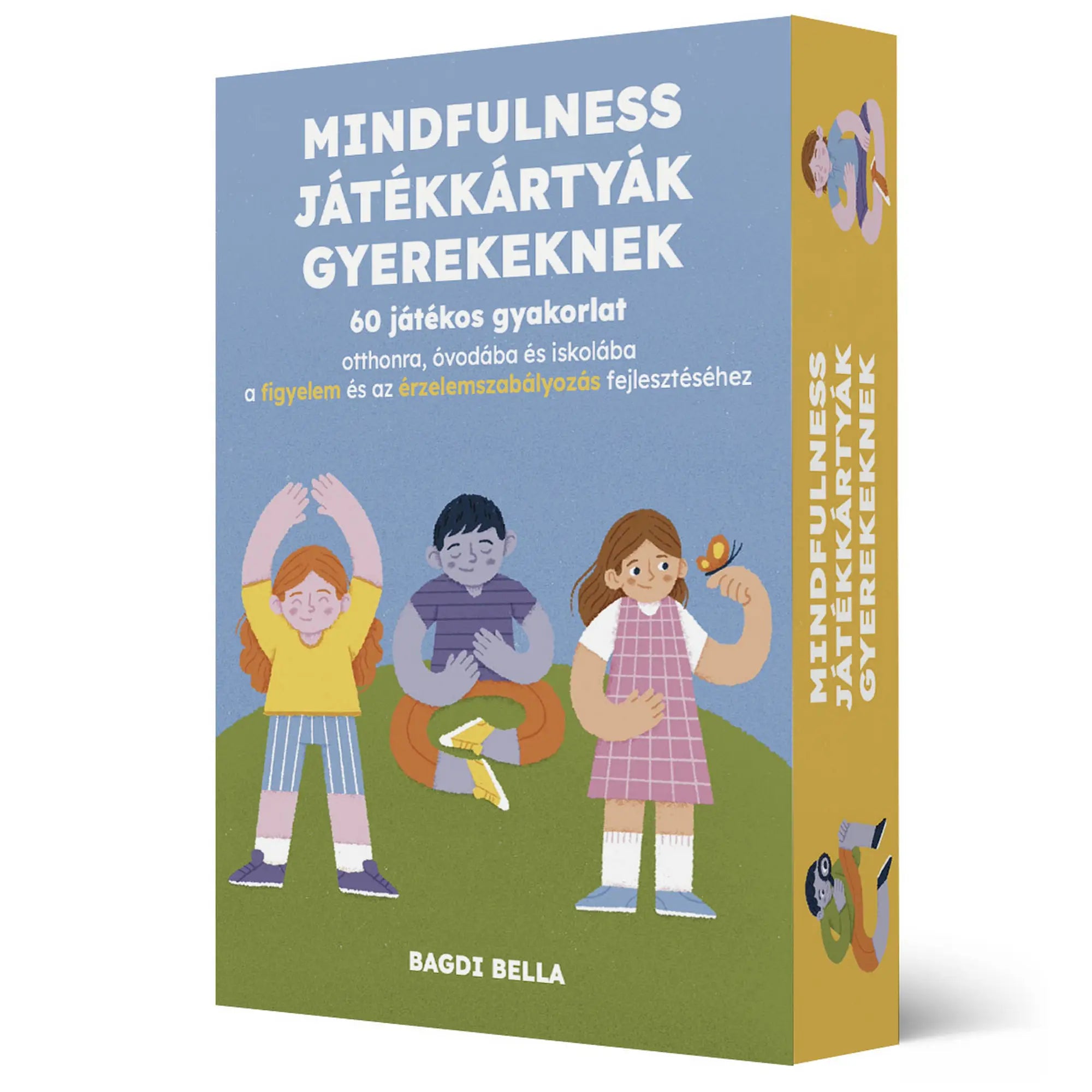 Mindfulness játékkártyák gyerekeknek magyar nyelvű társasjáték dobozképe, 60 játékos gyakorlatot tartalmazó kártyacsomag a figyelem, érzelemszabályozás és tudatos jelenlét fejlesztéséhez gyermekek számára.