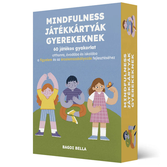Mindfulness játékkártyák gyerekeknek magyar nyelvű társasjáték dobozképe, 60 játékos gyakorlatot tartalmazó kártyacsomag a figyelem, érzelemszabályozás és tudatos jelenlét fejlesztéséhez gyermekek számára.