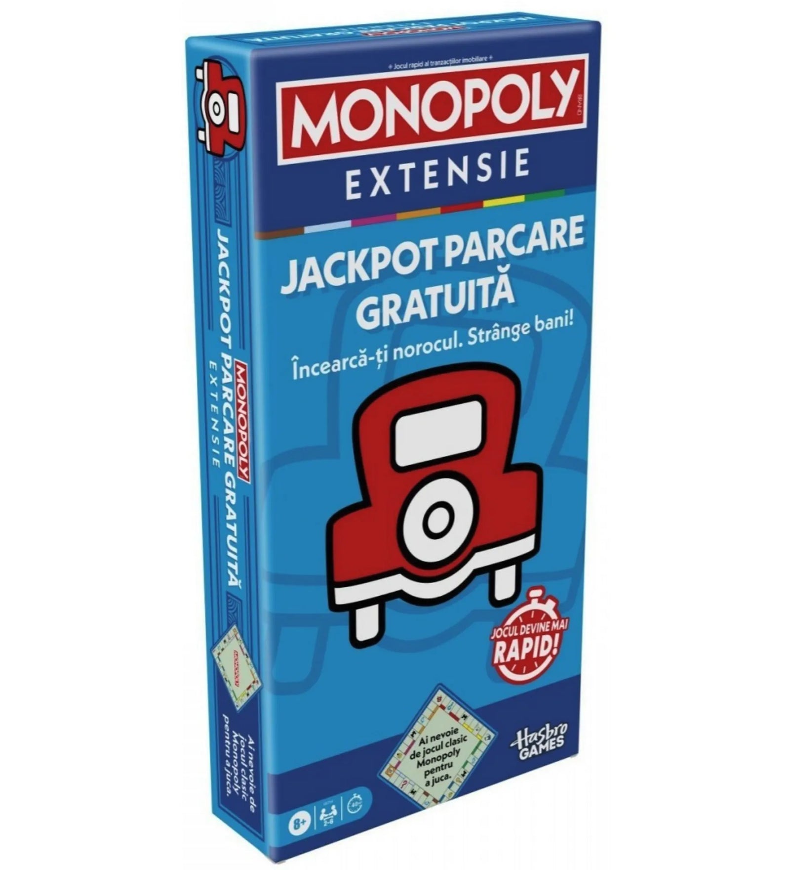 Monopoly Jackpot Parcare Gratuită – a román nyelvű Monopoly kiegészítő dobozának elölnézeti képe, kék csomagolásban.