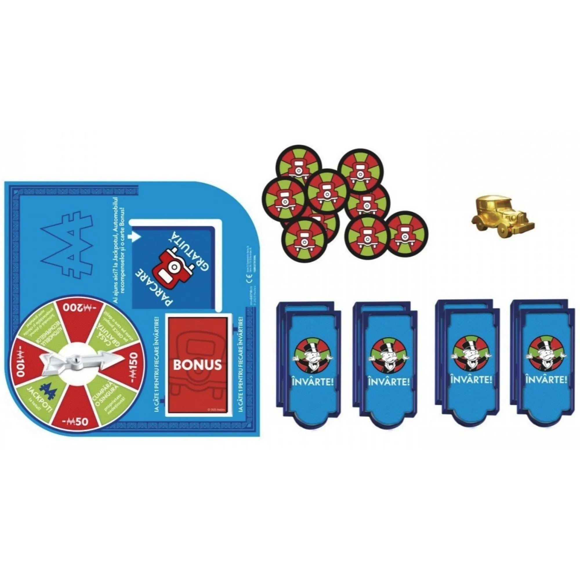 Monopoly Jackpot Parcare Gratuită – a kiegészítő tartalma kiterítve: pörgetőtábla, zsetonok, kártyák és arany autó figura.