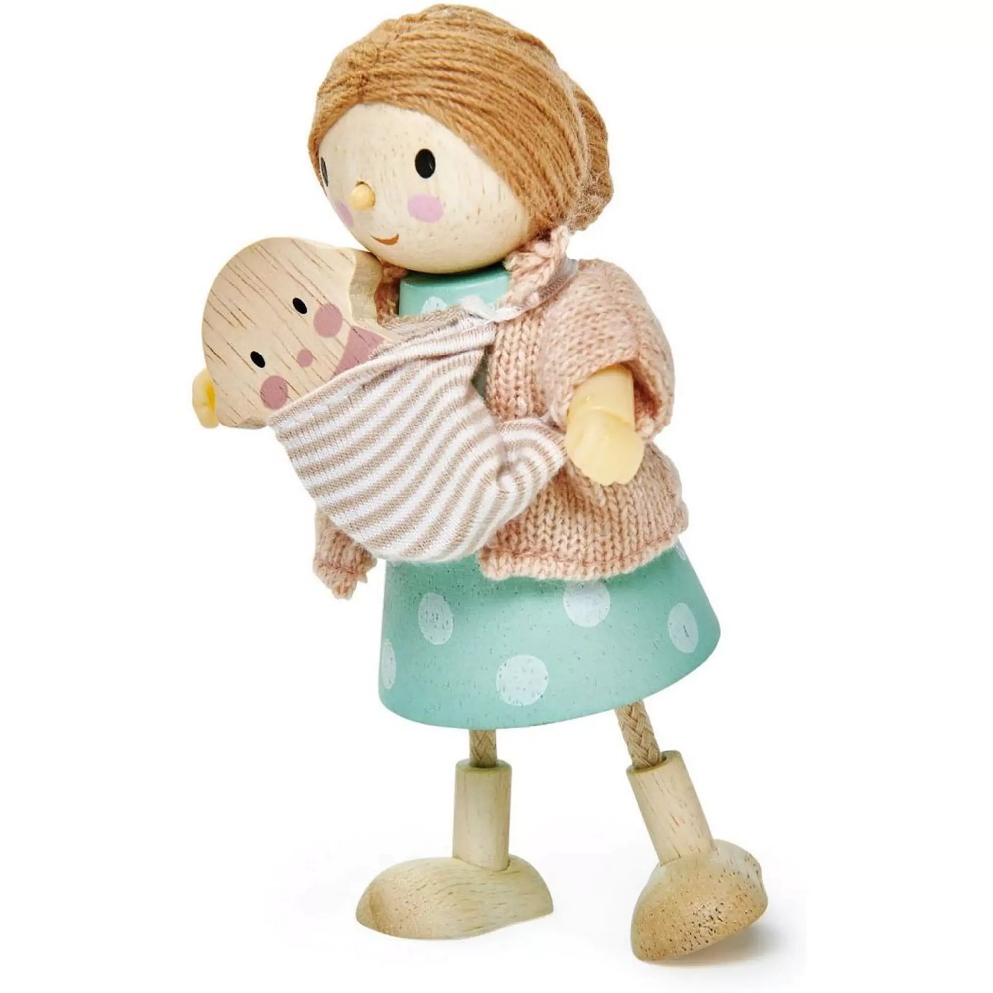 Mrs. Goodwood és a kisbabája, Tender Leaf Toys – Egy aranyos fából készült baba, puha ruházattal és kendőben hordozott kisbabával.