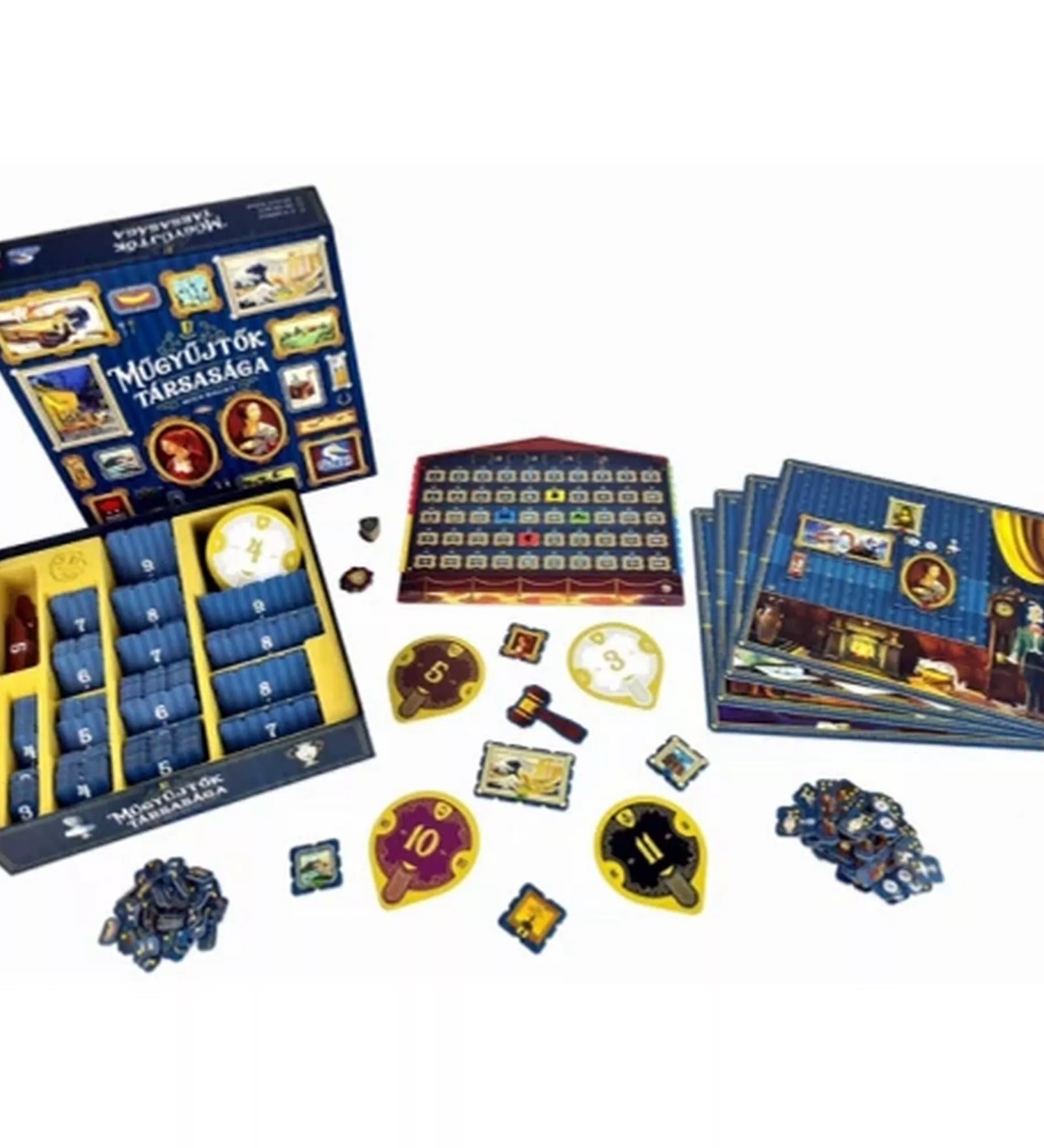 A Műgyűjtők társasága társasjáték teljes tartalma kiterítve: játéktábla, galériatáblák, licittárcsák, festménylapkák, jelölők és a doboz belső rendezője, művészi, elegáns dizájnnal.