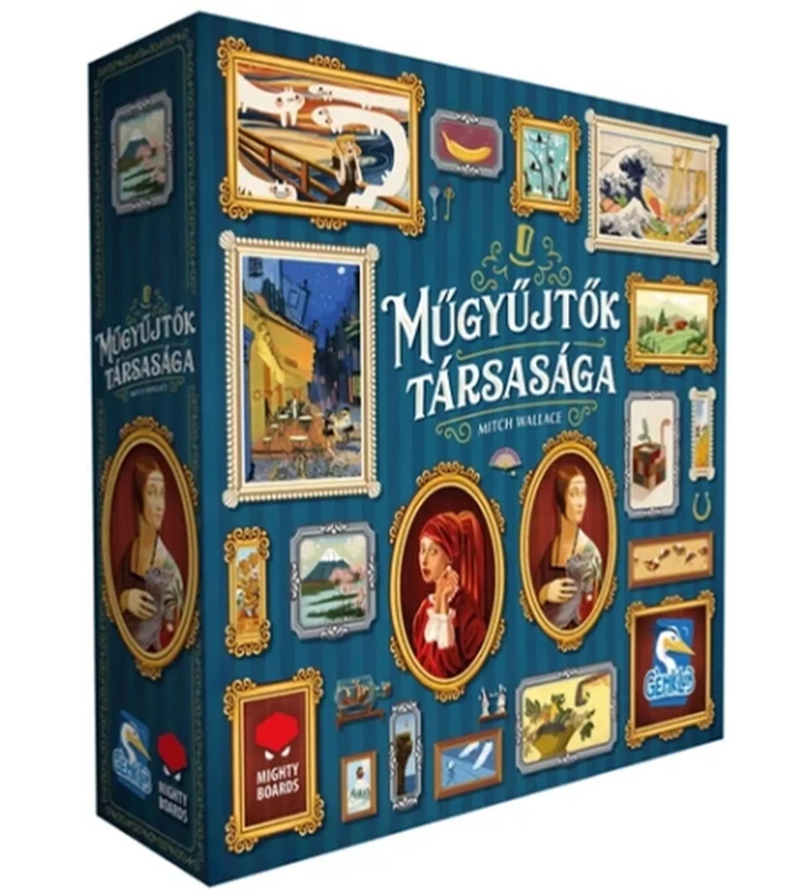 A Műgyűjtők társasága társasjáték dobozának elölnézeti képe, klasszikus festményeket idéző illusztrációkkal, aranyozott képkeret-motívumokkal és elegáns kék háttérrel.