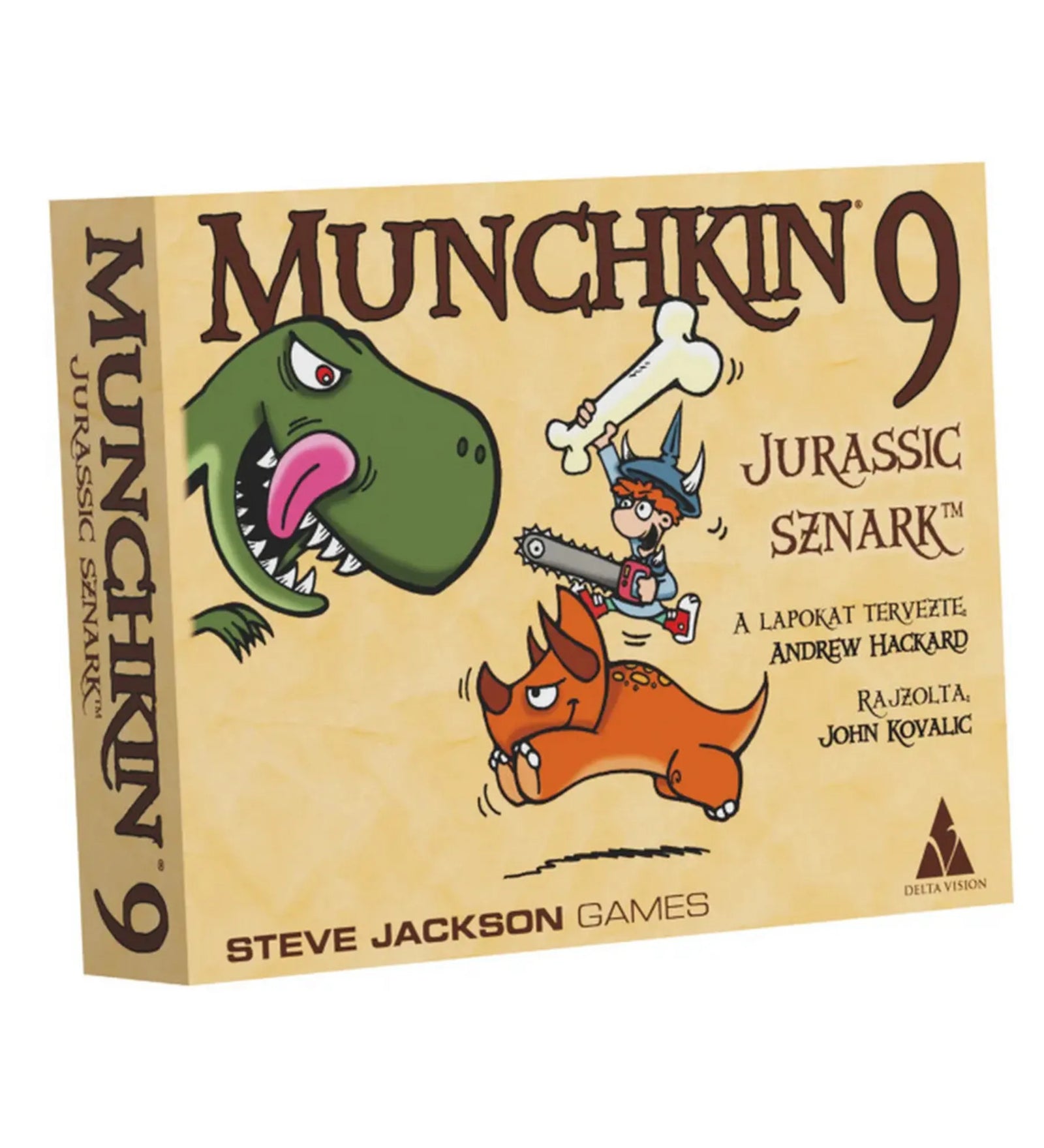Munchkin 9 Jurassic Sznark magyar nyelvű kiegészítő társasjáték dobozképe, rajta vicces dinoszauruszokkal és csontot lengető munchkin hőssel.