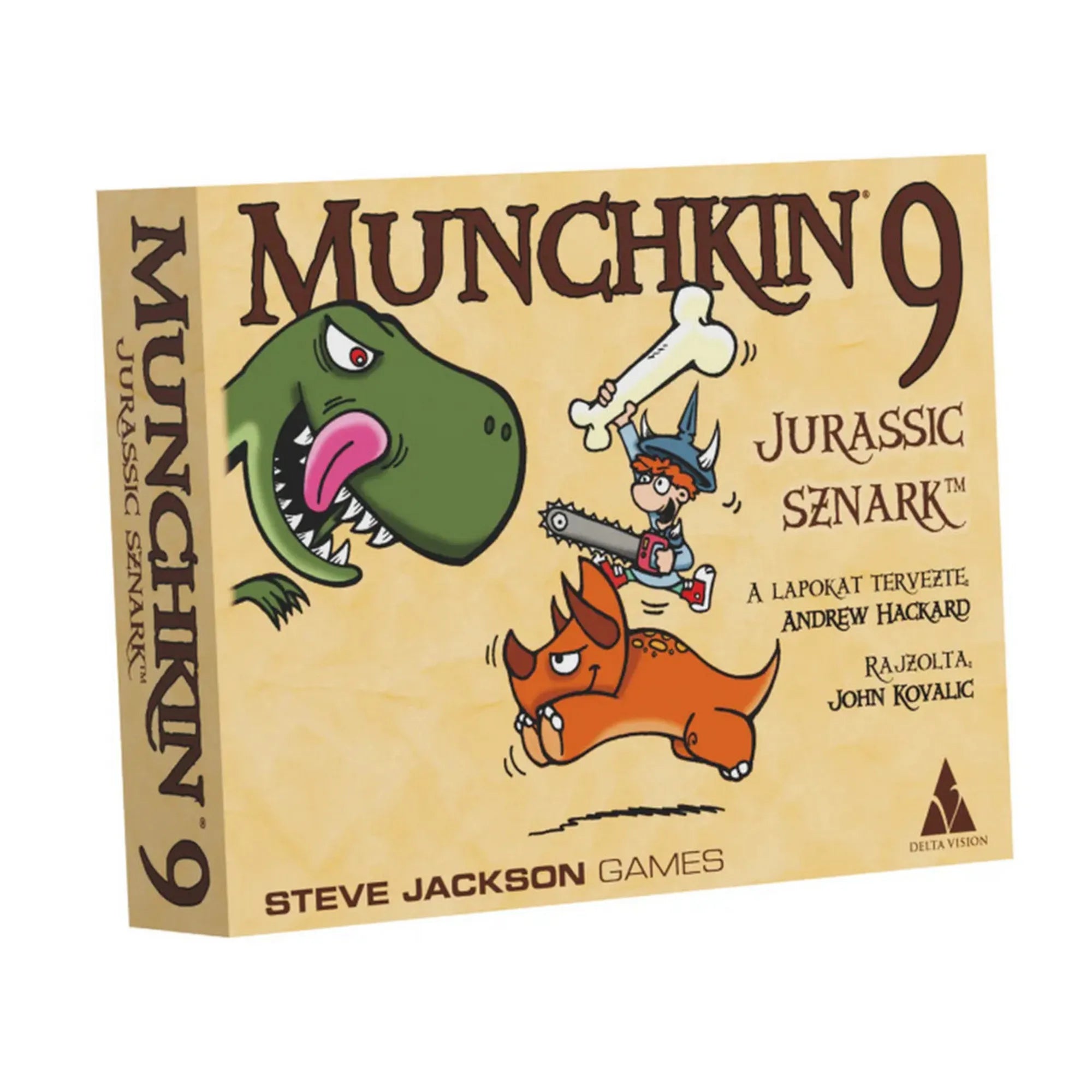 Munchkin 9 Jurassic Sznark magyar nyelvű kiegészítő társasjáték dobozképe, rajta vicces dinoszauruszokkal és csontot lengető munchkin hőssel.