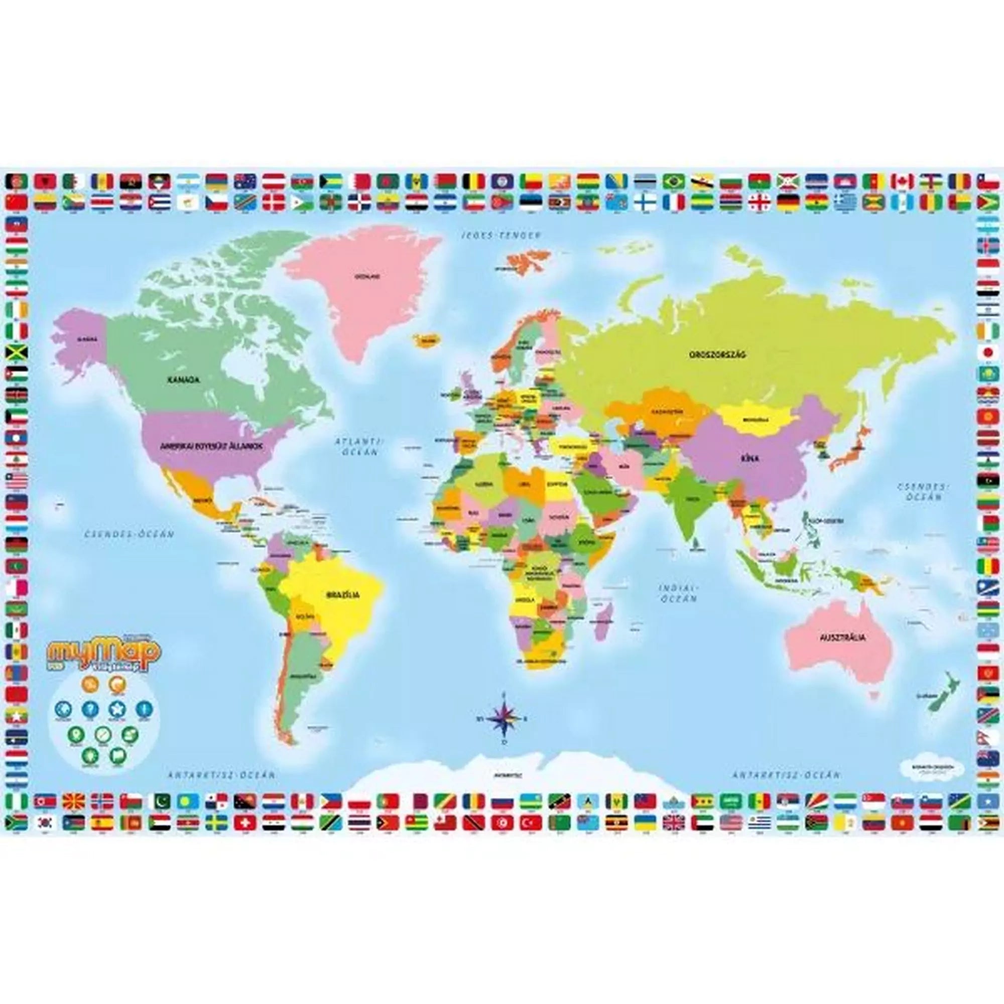 My Map Pro interaktív világtérkép színes világ országokkal és zászlókkal, tanuláshoz és kvízjátékhoz.