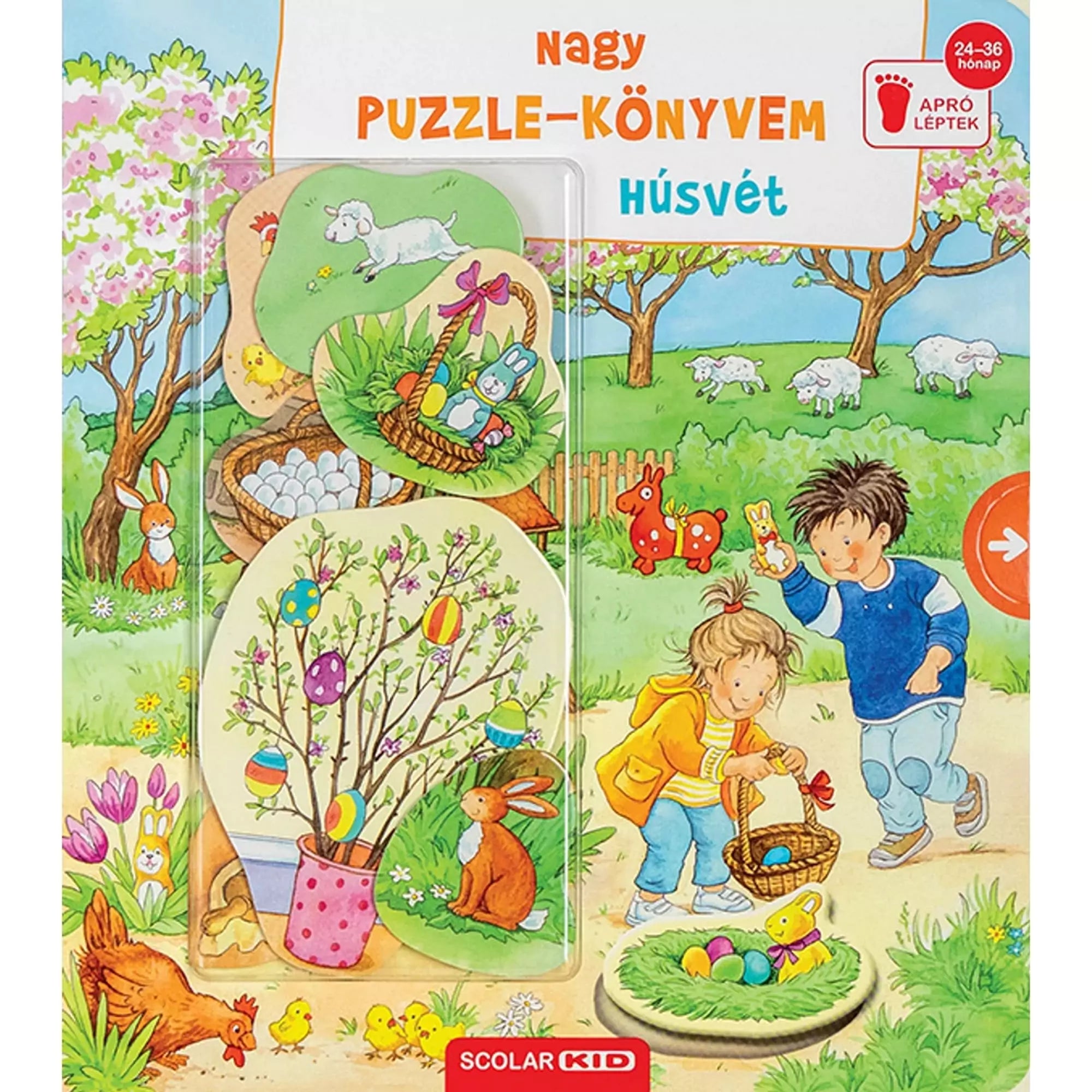 A "Nagy Puzzle-Könyvem – Húsvét" című interaktív könyv borítója. A vidám húsvéti jelenetben gyerekek tojásokat gyűjtenek egy kosárba, miközben nyuszik, bárányok és csirkék veszik körül őket egy tavaszi kertben. A könyvhöz illusztrált fa puzzle-darabok is tartoznak, amelyek a húsvéti ünnep elemeit ábrázolják.