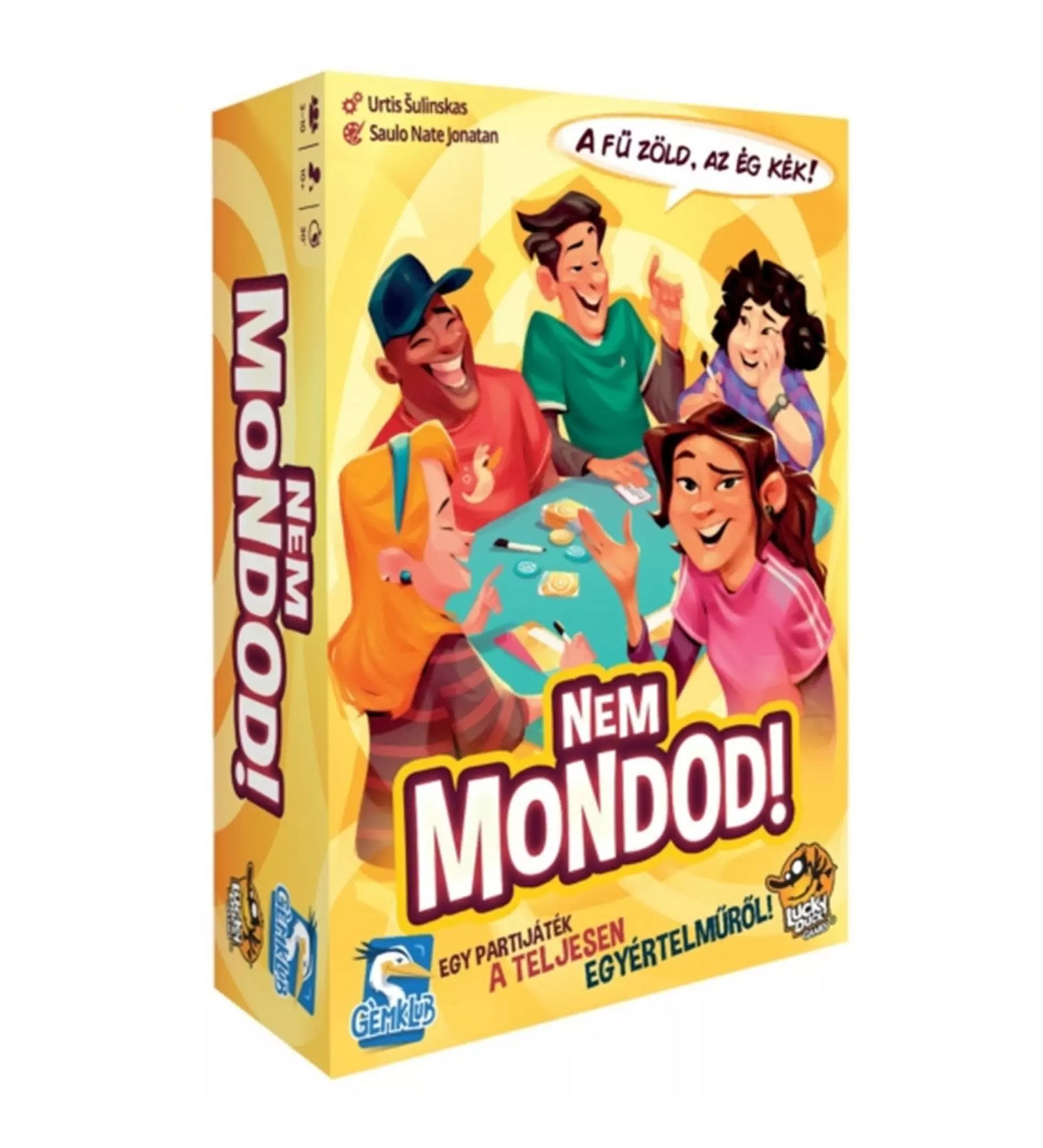 A Nem Mondod! társasjáték szókártyái szétszórva az asztalon, középen narancssárga dobókocka a számokkal.