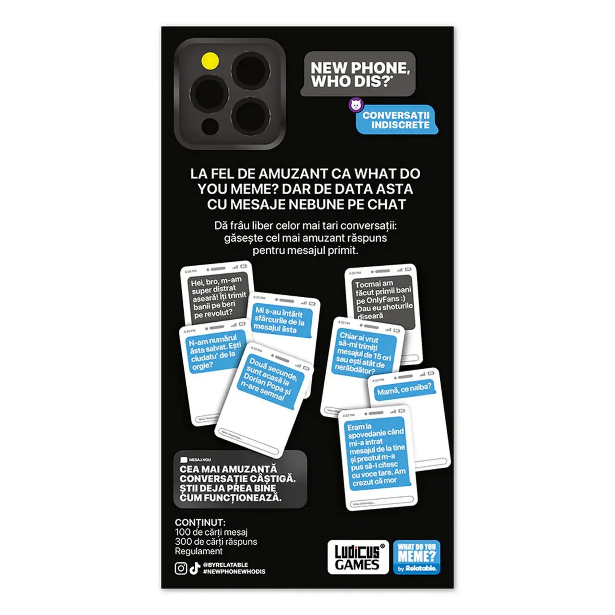 New Phone, Who Dis? román kiadás hátoldala, chat stílusú kártyákkal és humoros üzenetekkel, játékleírással és tartalommal