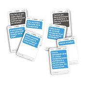 New Phone Who Dis társasjáték román kiadás üzenet és válasz kártyák közelről, mobil chat kinézetű vicces szövegekkel