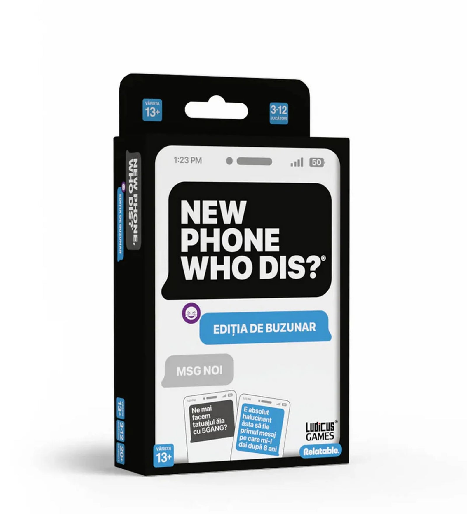 New Phone, Who Dis? Ediția de buzunar román nyelvű partijáték doboza, kompakt zsebkiadás családi szórakozáshoz.