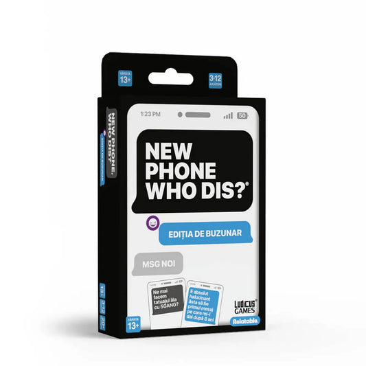 New Phone, Who Dis? Ediția de buzunar román nyelvű partijáték doboza, kompakt zsebkiadás családi szórakozáshoz.