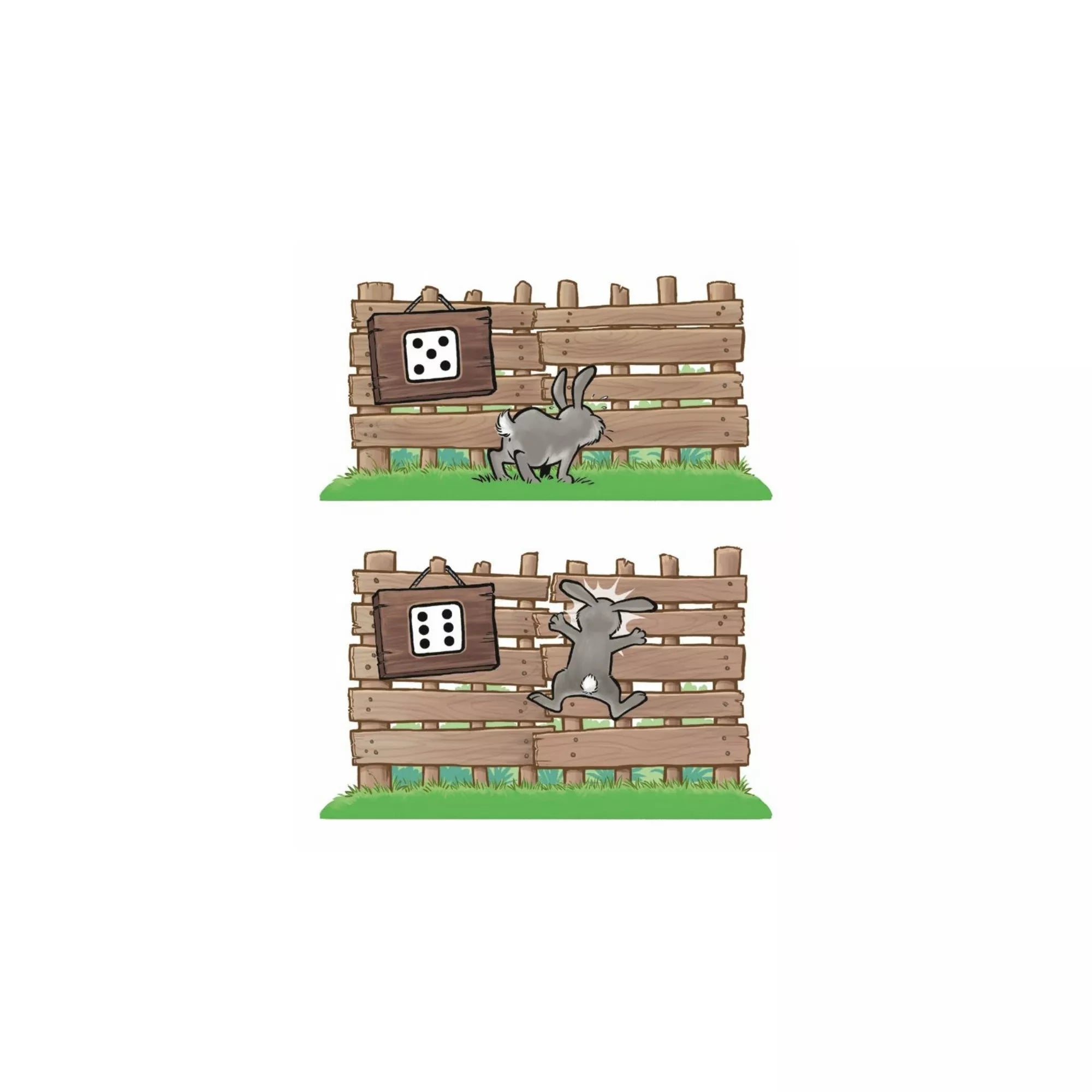 Két fa kerítéslap illusztráció, amelyeken egy nyuszi látható, ahogy épp megpróbál átmászni a kerítésen. A kockaikon jelzi, milyen dobás szükséges az ugrás sikeréhez – a Nyuszinasi játék kulcseleme.