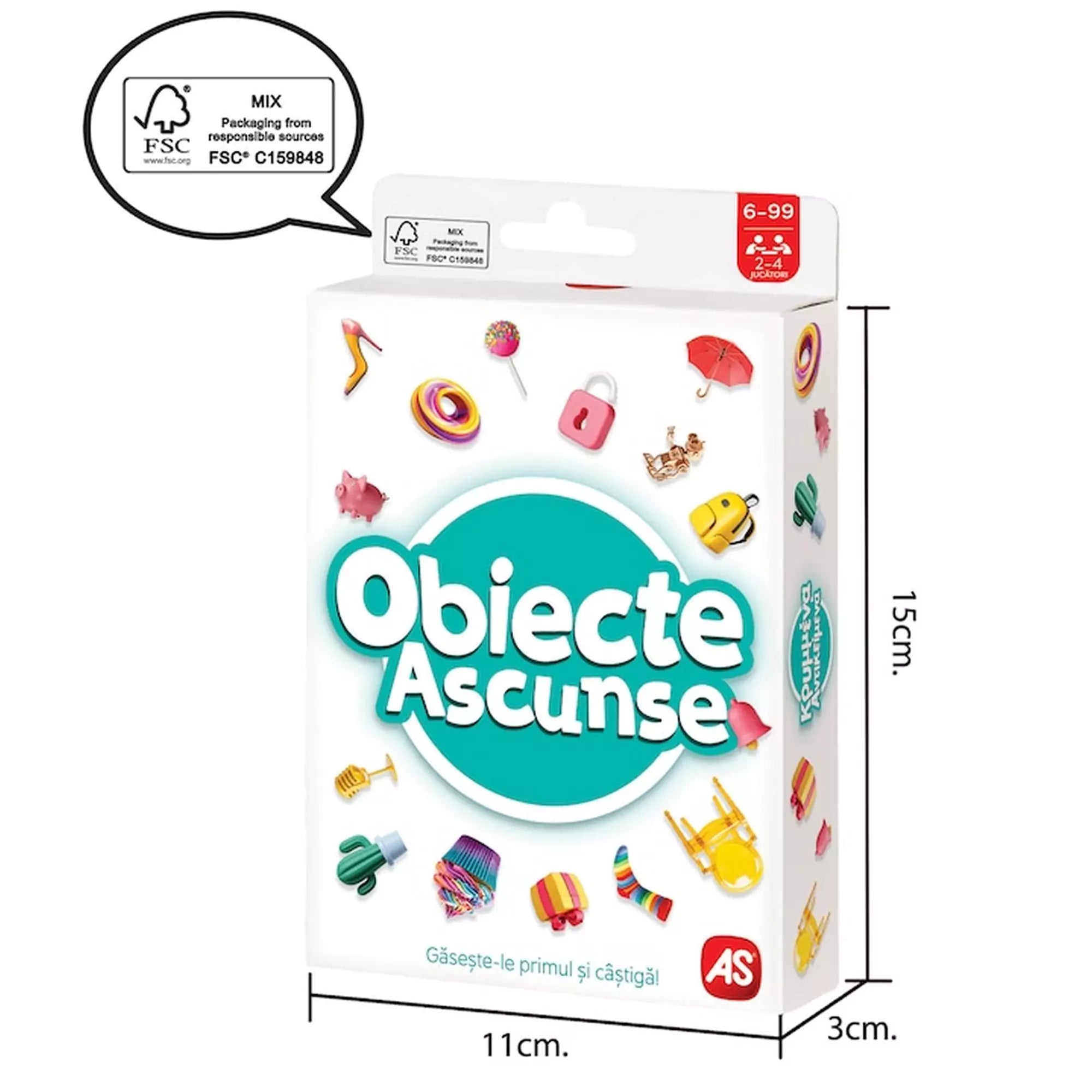 „Obiecte Ascunse társasjáték doboza méretekkel: 15 cm magas, 11 cm széles, 3 cm vastag, FSC minősítésű csomagolás.”