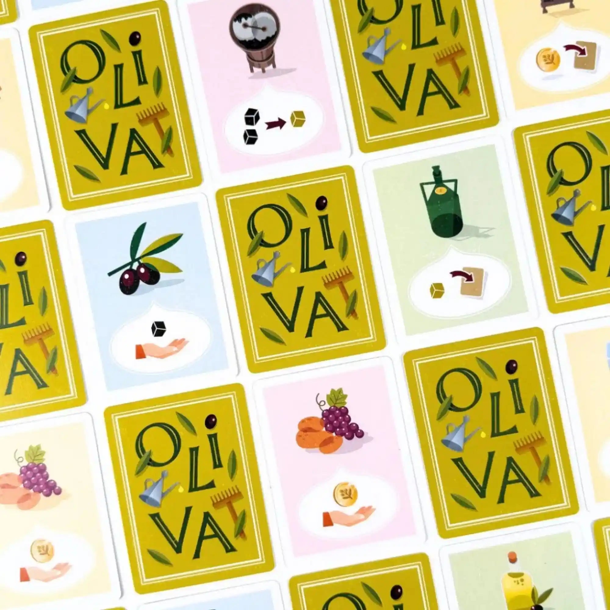 Az Oliva társasjáték akció- és termeléskártyái különböző olívatermesztési, feldolgozási és kereskedelmi lehetőségekkel.