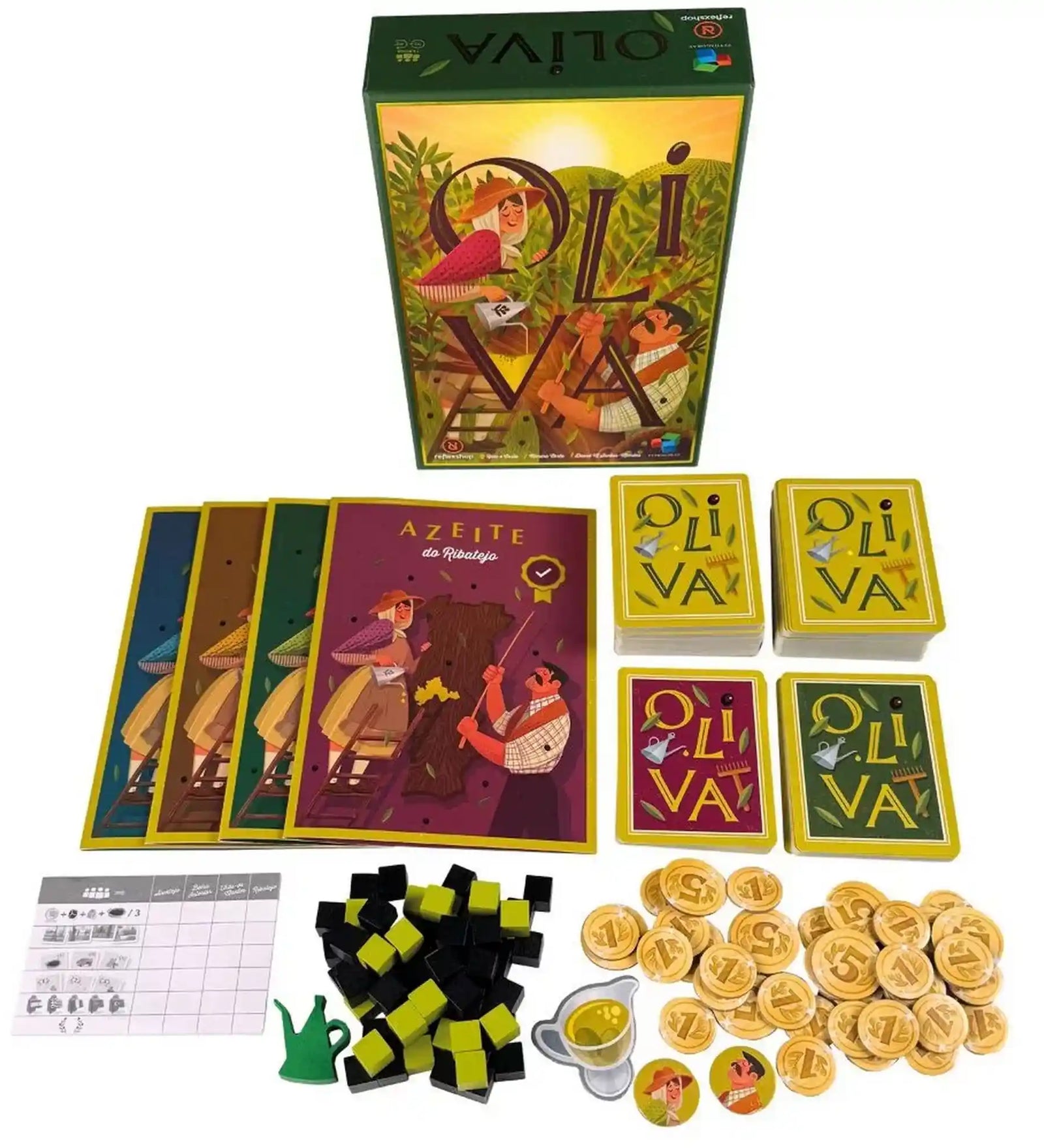 Az Oliva társasjáték teljes tartalma: játéktáblák, kártyapaklik, fa kockák, escudo érmék, jelölők és a játék doboza.