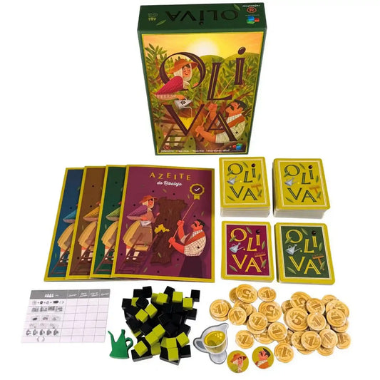 Az Oliva társasjáték teljes tartalma: játéktáblák, kártyapaklik, fa kockák, escudo érmék, jelölők és a játék doboza.