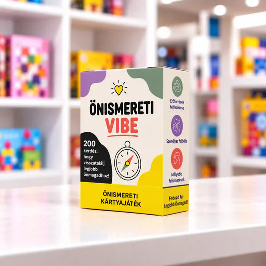 Önismereti Vibe önismereti kártyajáték doboza, 200 kérdéssel az önismeret és személyes fejlődés támogatásához.