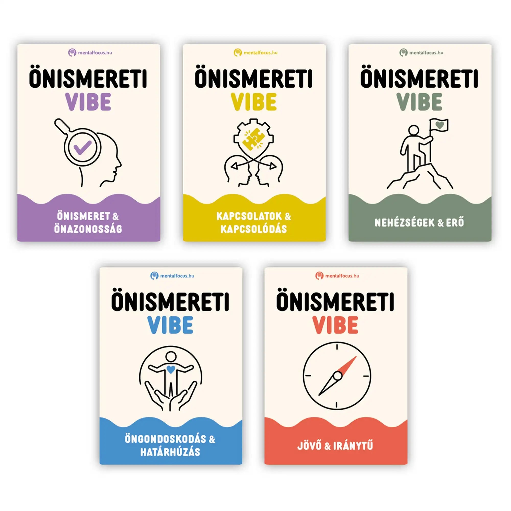 Az Önismereti Vibe kártyajáték öt témakörének színes kártyalapjai