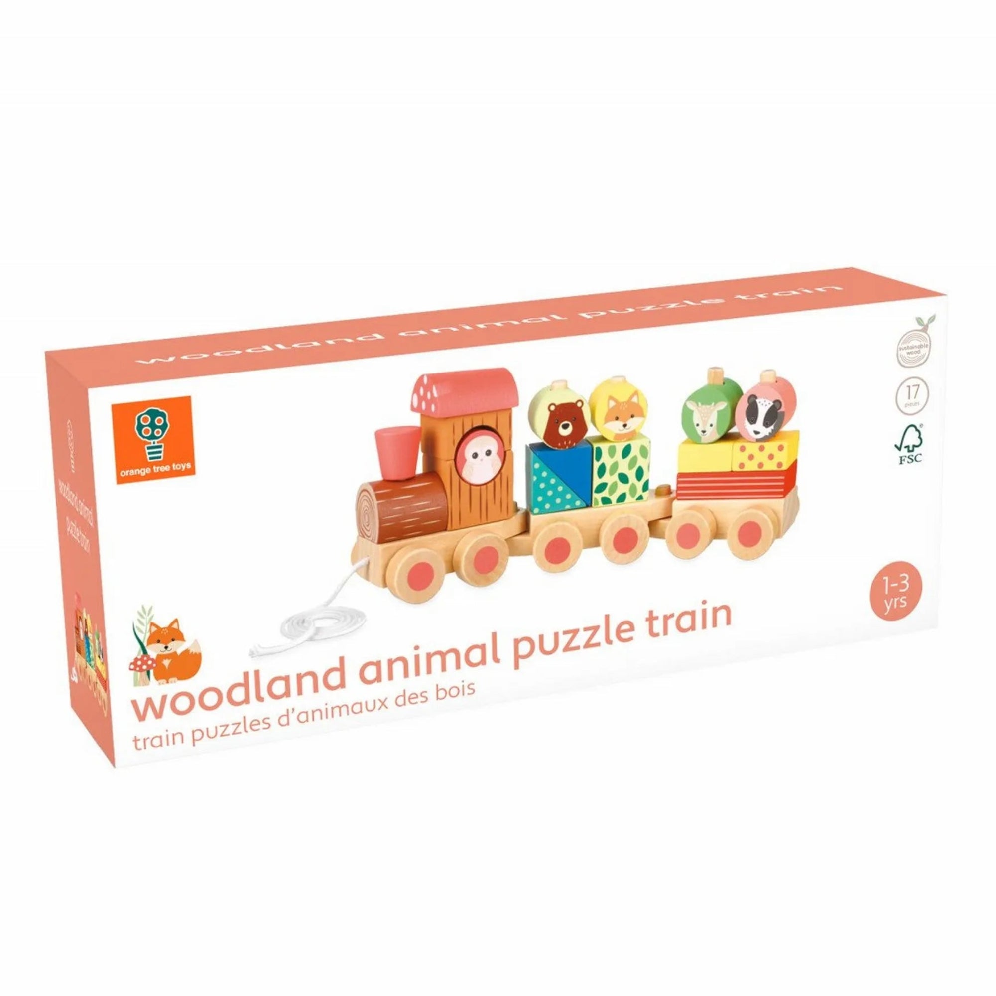 Az Orange Tree Toys Húzható formaválogatós fa vonat díszdobozos csomagolásban, amely bemutatja a színes, húzható játékot 1–3 éves gyerekek számára.