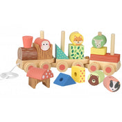 Az Orange Tree Toys Húzható formaválogatós fa vonat elemeire szedve, különböző színű és formájú fa építőelemekkel, állatfigurákkal kiegészítve.