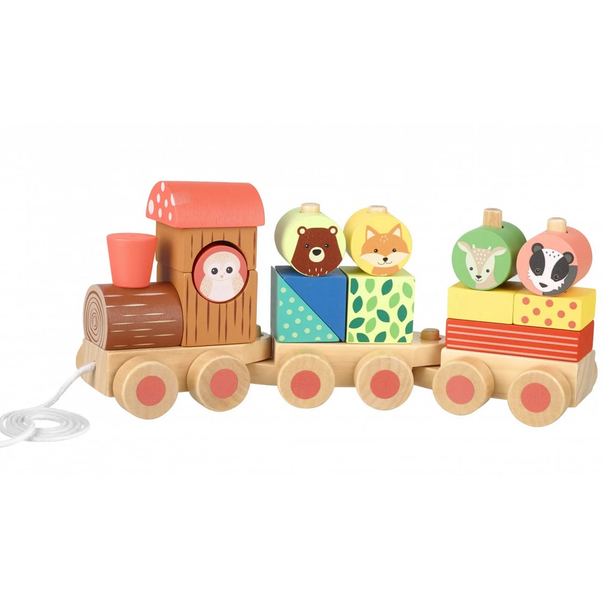 Az Orange Tree Toys Húzható formaválogatós fa vonat színes, fából készült játék, aranyos erdei állatokkal – bagoly, medve, róka, őz és borjú díszítik a kocsikat.