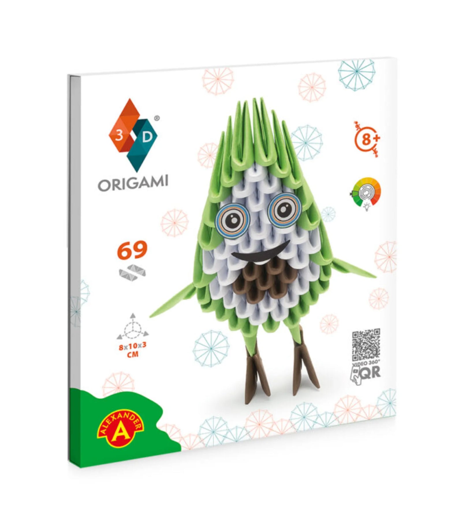 Origami 3D Avokádó 69 darabos készlet doboza. A szettben minden szükséges elem megtalálható a vidám, zöld színű 3D avokádó papírfigura megépítéséhez.