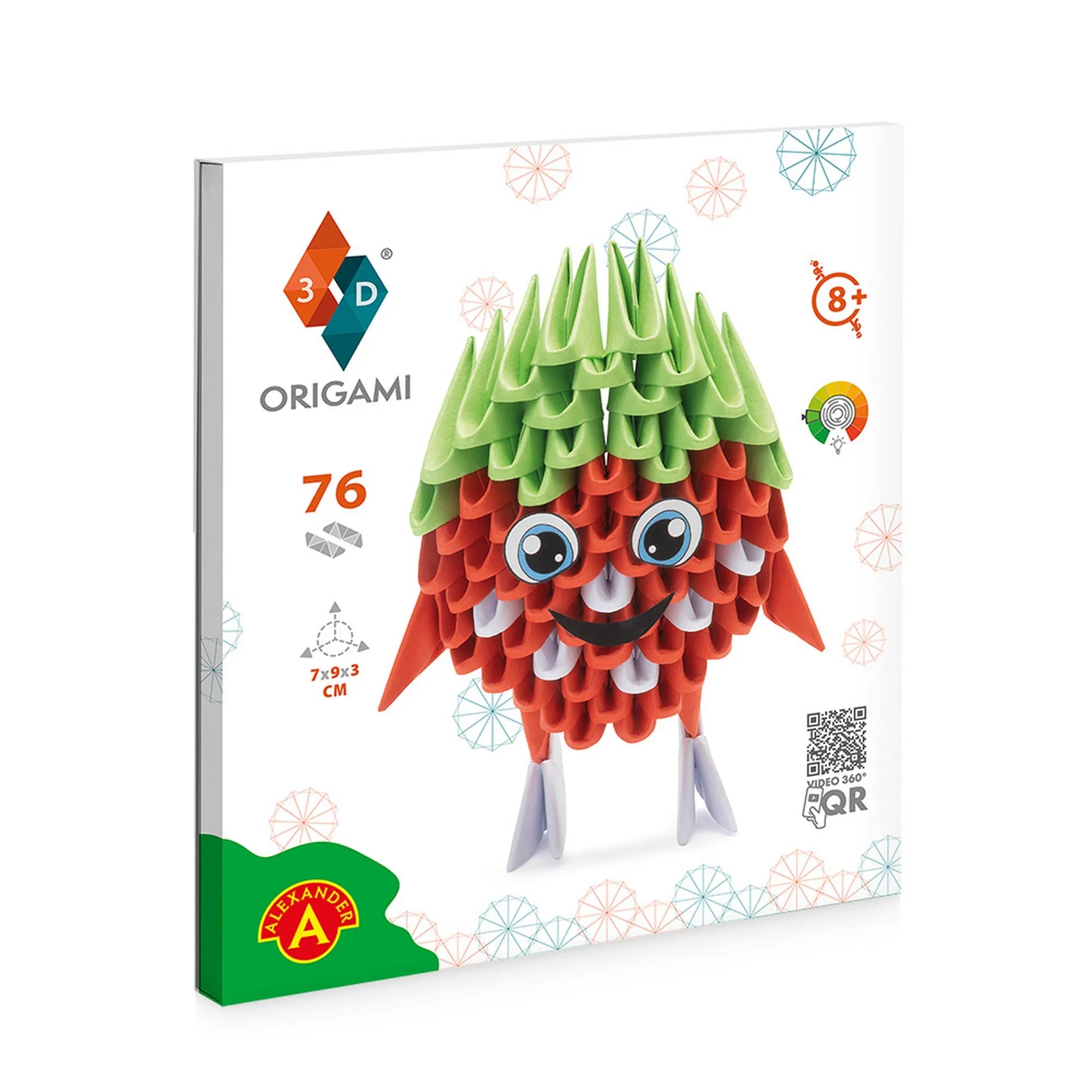 A 3D Origami – Eper figura (Alexander) dobozának előlapja, rajta a kész modell képe, a 76 darabos készlet jelölése és a 8 éves kortól ajánlott korhatár ikonja.