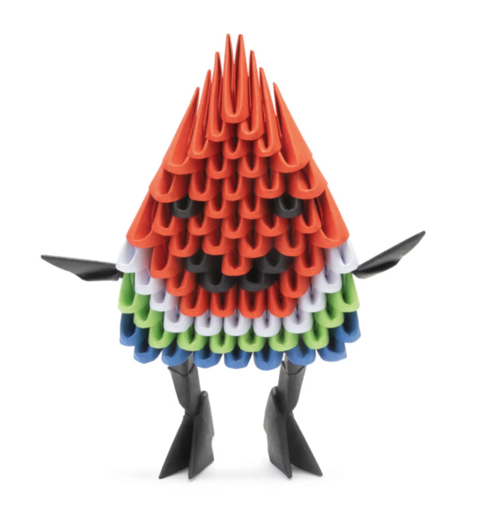Origami 3D Görögdinnye kész figura, piros, zöld, fekete és fehér papírmodulokból összeállítva, élethű és színes 3D hatással.