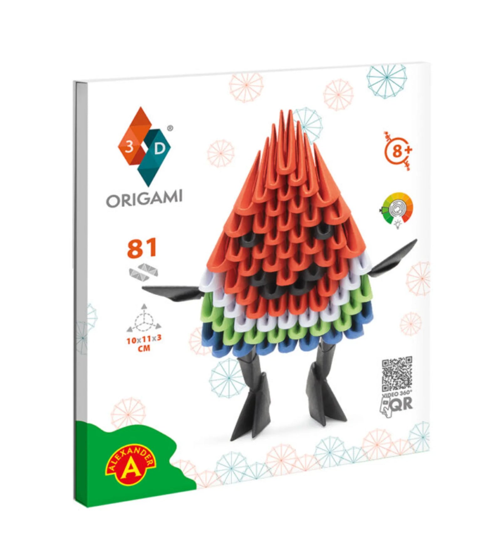 Origami 3D Görögdinnye 81 darabos kreatív papírhajtogató készlet doboza, amely színes modulokkal és részletes leírással segíti a figurakészítést.